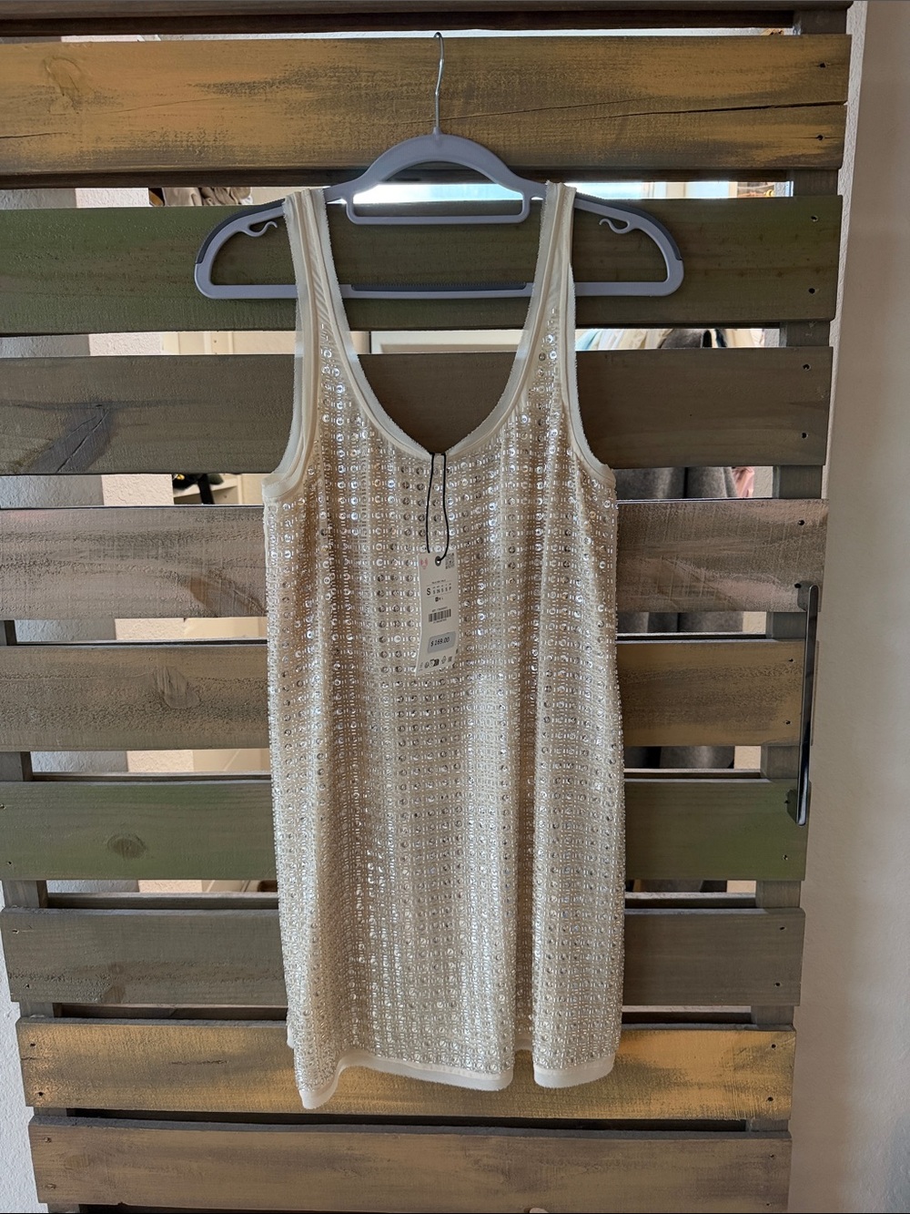 NWT, Zara Sleeveless Silk Sequin Tank Dress in Cream